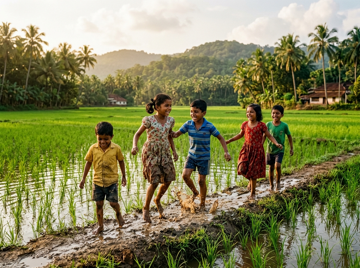 Joyful Kerala children playing barefoot in green paddy fields