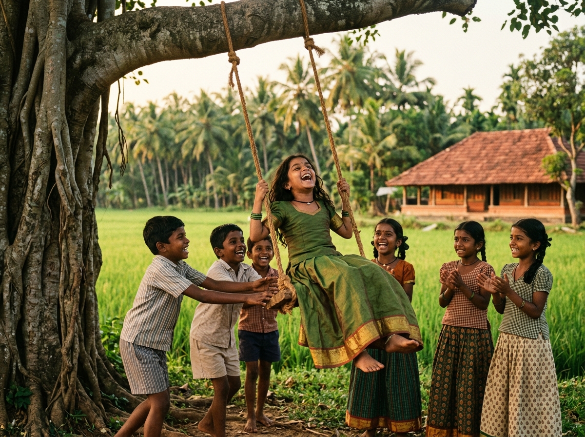 Children playing on tree swing in countryside